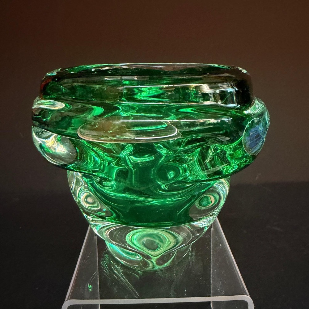 Vintage Czech Art Glass Bowl Vase Emerald Green Clear Swirl Mid Century 4.5"